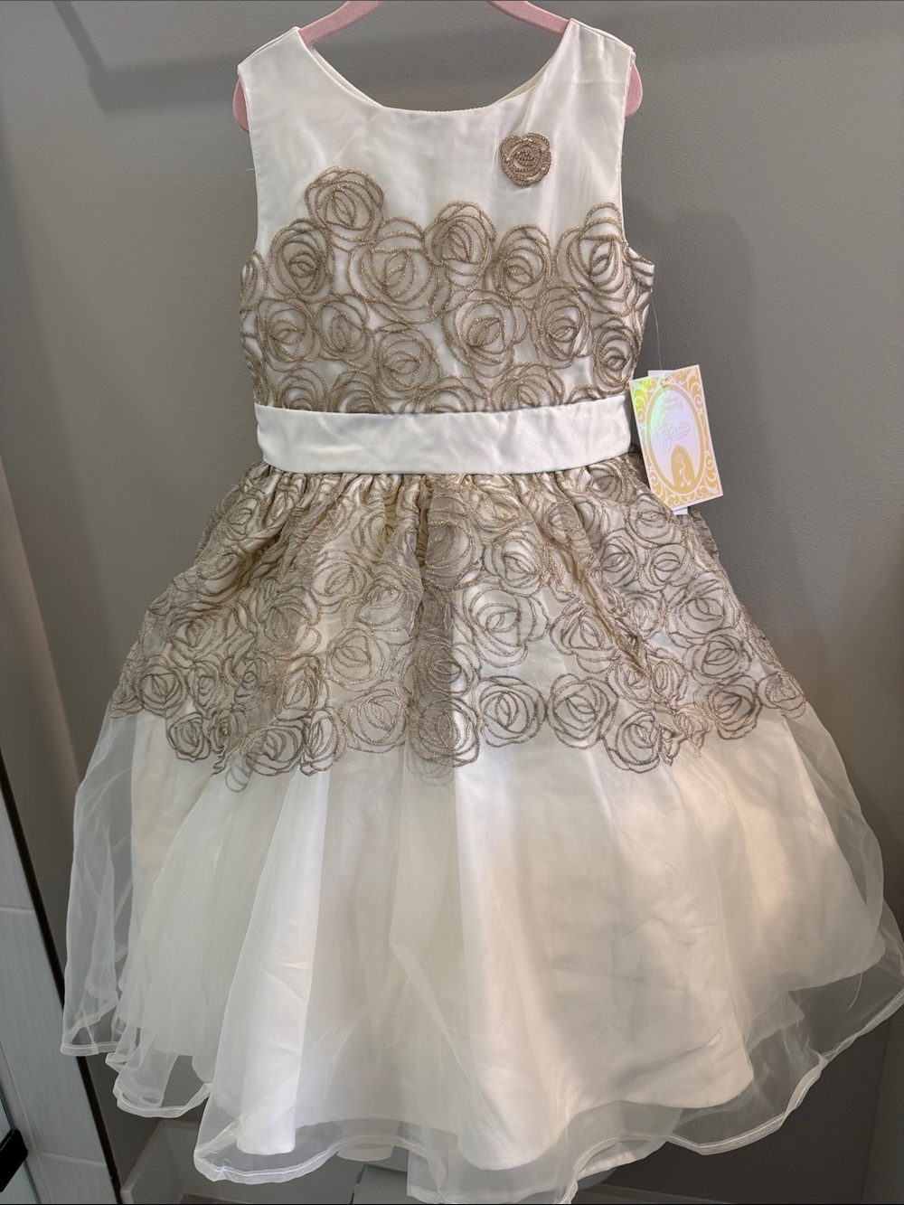 Disney White Dress with Gold Rosette Overlay